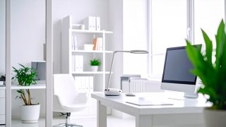 Une pièce d'un blanc éclatant montre un bureau avec un ordinateur et une lampe à poser.