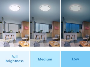 A sequence of three images shows a ceiling light set to three different brightness levels: full brightness, medium, and low