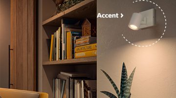 Lampade spot LED Philips montate a parete che mettono in risalto una pianta