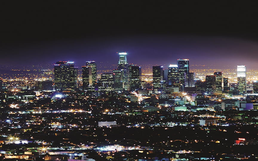 City skyline with numerous high-rise buildings