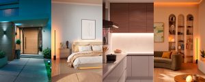 A collage of images showing different rooms and lighting products.