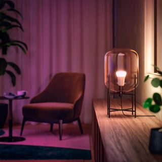 A Philips Hue smart bulb inside a glass lamp casts a warm glow around a living room space.