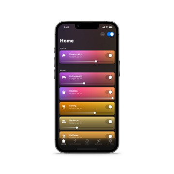 Smart lighting app interface on a smartphone showing zones and rooms, each with labeled brightness sliders and toggle switches.