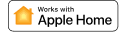 ""Works with Apple Home"" logo with a yellow house icon on a white background.