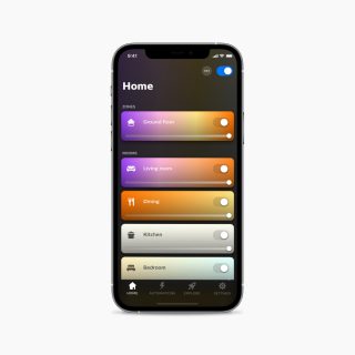 Apple Home app interface showing zones and rooms with lighting controls, sliders, and toggles for ground floor, living room, dining.