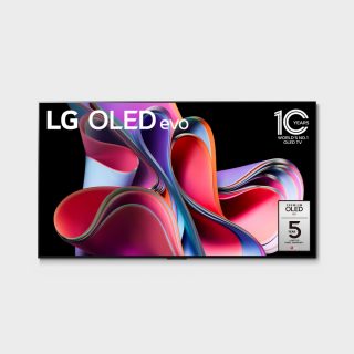 Flat screen television with black frame, displaying abstract colorful shapes, visible LG OLED evo text and warranty label on screen.
