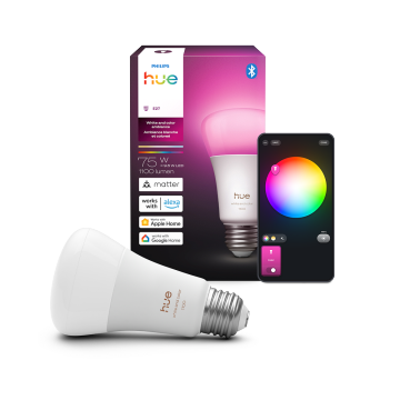 White and color LED bulb with E27 base, compact matte finish, shown with product packaging and a color selection app interface.