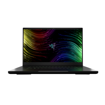 A black laptop with a screen displaying the Razer logo and colorful curved lines in yellow, purple, blue, and green.