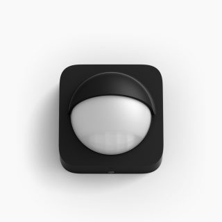 Outdoor sensor, square shape, matte black finish, with a prominent dome-shaped white sensor lens on the front.