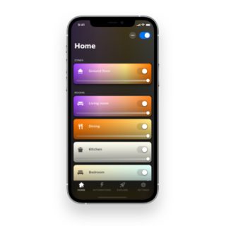 Smart lighting app interface on a smartphone showing zones and rooms with color sliders and toggles for Ground floor, Living room, Dining, Kitchen, Bedroom.