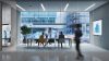 Bright office space with modern integrated ceiling lighting