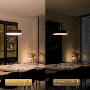 Two images comparing bright and dimmed lighting for a dining room space using pendant lights and smart lamp.