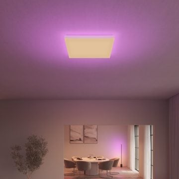 Square LED ceiling panel shining purple light