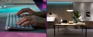 Zwei Szenen: Hände tippen auf einer beleuchteten Tastatur und moderner Arbeitsplatz mit Schreibtisch, Laptop und Pflanze im stilvollen Büro.