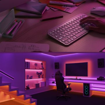 Moderner Arbeitsplatz mit kabelloser Tastatur und Maus; darunter ein Gaming-Setup mit Beleuchtung in Violett und Orange.
