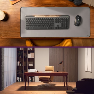 Draufsicht auf Tastatur und Maus auf Schreibtisch; darunter aufgeräumtes Büro mit Holzmöbeln, Regal und Schreibtischlampe.