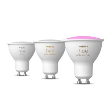 Three smart GU10 LED bulbs on white background