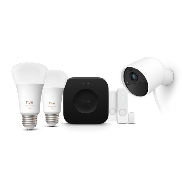 Two Philips Hue smart bulbs, a Hue Bridge Pro, two Hue contact sensors and Hue wired secure camera in white. 