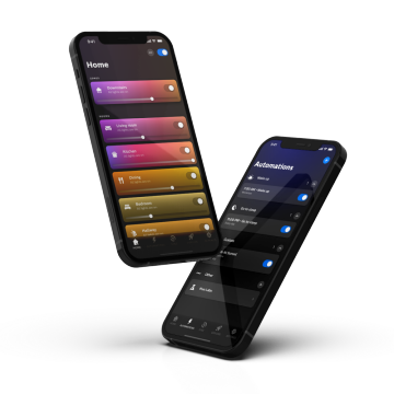 Screens displaying the Home tab and Automations tab of the Hue app