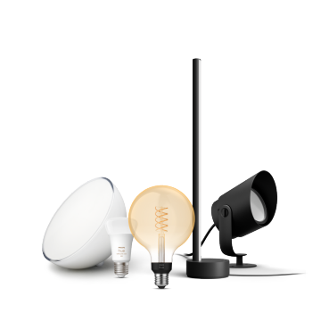 Close up of Philips Hue smart lighting products