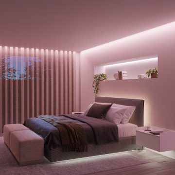 Sync box 8K on TV console in pink and orange light