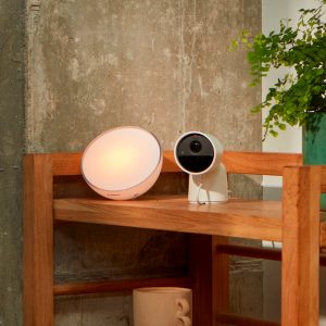 A round LED light and a security camera are placed on a wooden shelf, with the LED casting light onto a concrete wall.
