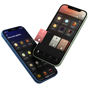 Two smartphones display the Hue app interface, showing scene selection, lighting controls, and a brightness slider for Living room.