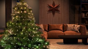 Christmas tree with string lights in a living room, creating a soft ambient glow near a brown sofa and wooden wall with star decor.