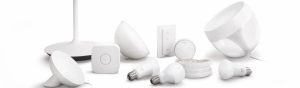 An assortment of Philips Hue smart lighting products