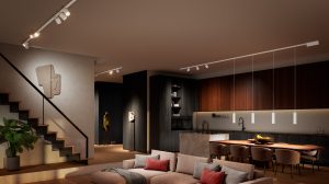Ceiling-mounted white track lights illuminate the kitchen and dining area, highlighting the dining table and countertop surfaces.