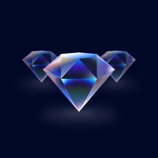 Three faceted diamond shapes with blue and purple reflections are centered against a dark background.