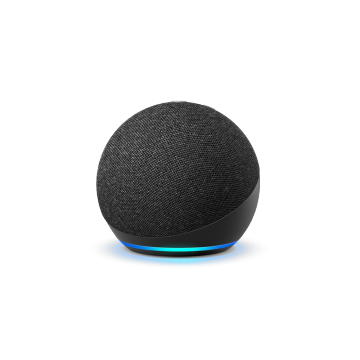 Black spherical smart speaker with fabric mesh finish, compact design, and illuminated blue ring at the base.