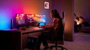 Person gaming at a desk with colorful smart lighting illuminating monitors and wall in a modern home setup.