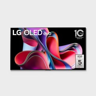 Flat screen television with black frame, displaying abstract colorful shapes, visible LG OLED evo text and warranty label on screen.