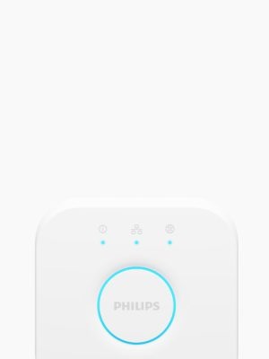 White square-shaped smart lighting bridge with matte finish, circular button in center, blue indicator lights, and labeled icons above.