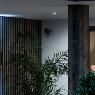 A security camera is mounted on an indoor wall above plants, positioned to monitor the area near a wooden column.