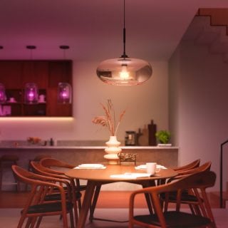 Pendant smart light fixture with visible bulb hanging above dining table, illuminating tableware and vase with indirect colored lighting.
