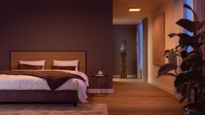 Ceiling-mounted smart lighting fixture in hallway casts soft illumination onto wood floor and wall art, adjacent to bedroom area.