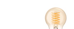 Round clear glass smart light bulb with visible spiral filament, warm tint, and glossy finish, no switches or ports visible.