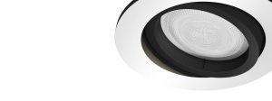 Smart recessed light, round shape with a white and black matte finish, featuring a textured lens and compact design.