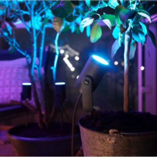 A collection of smart spotlights positioned in plant pots, directing blue light onto indoor plants near a window.