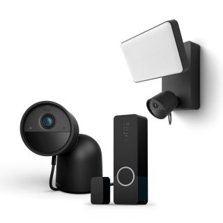 A set of black smart security devices including cameras, a sensor, and a wall-mounted light, all sharing a modern design.