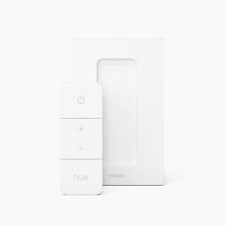 White rectangular dimmer switch with matte finish, featuring power and brightness buttons, shown with matching wall plate.
