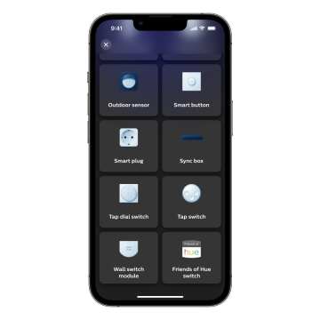 Dispositivo mobile che mostra la schermata degli accessori dell'app Hue