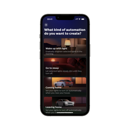 Schermo del telefono che mostra la scheda Automazioni dell'app Hue