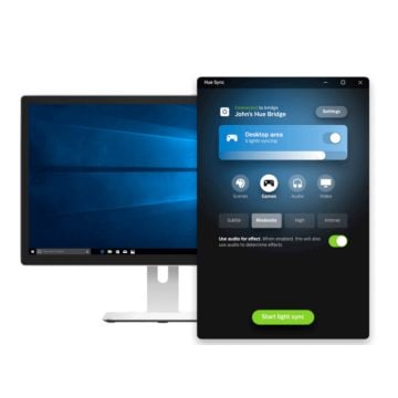画面が表示され、Hue Sync デスクトップ アプリのオーバーレイがシンクロ設定を表示しているモニター