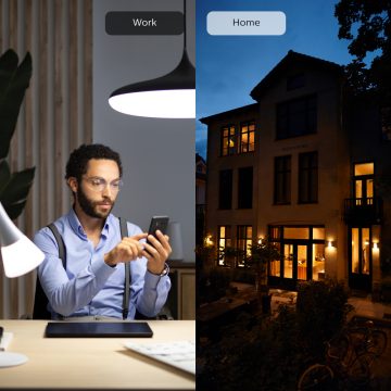 Een man die de Hue app gebruikt aan de ene kant van de afbeelding en een huis aan de andere kant