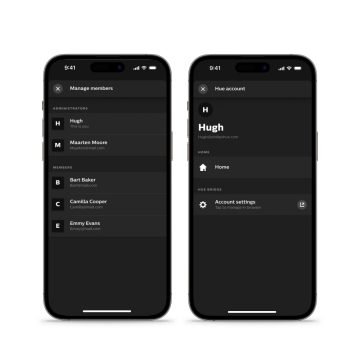 Hue app met een weergave van het scherm Leden beheren
