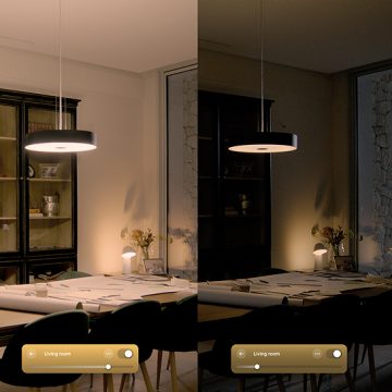 Two images comparing bright and dimmed lighting for a dining room space using pendant lights and smart lamp.