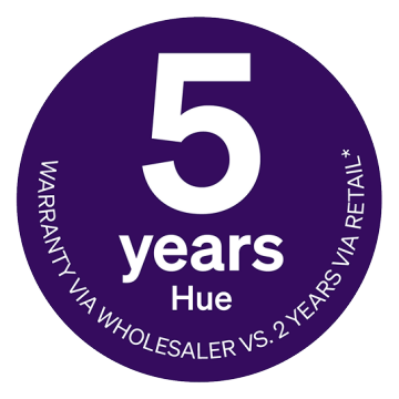 A round, blue 5 year warranty logo.